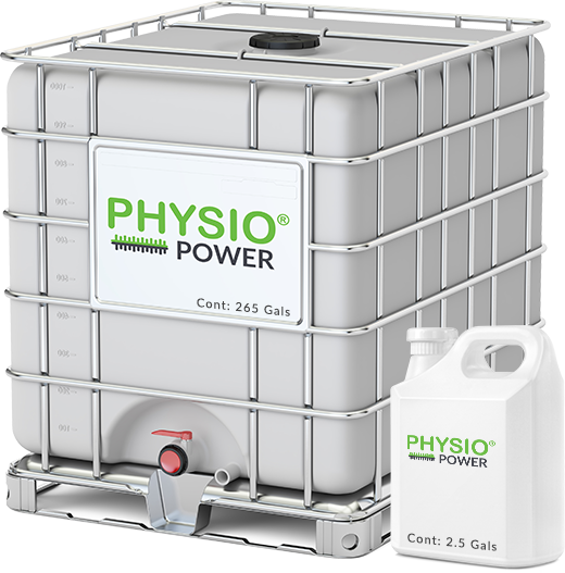 A 265 gallon ICB Tank and a 2.5 gallon container of PHYSIOPOWER<sup>®</sup>